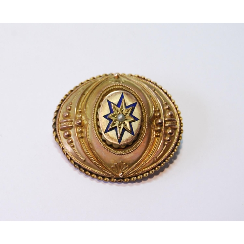 72 - Victorian gold oval brooch with pearl-set enamel star, 38mm, 10g gross.