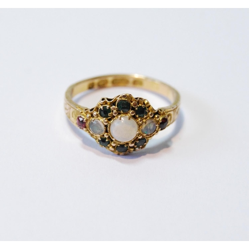 73 - Victorian 15ct engraved gold ring with opals, emeralds and garnets, 1871, size M.