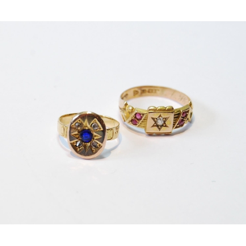 78 - 15ct gold ring with diamonds and rubies, c. 1900, and a tiny gold ring with diamond-set disc, sizes ... 