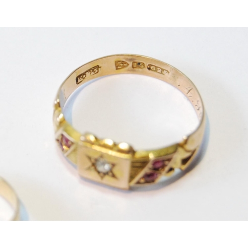 78 - 15ct gold ring with diamonds and rubies, c. 1900, and a tiny gold ring with diamond-set disc, sizes ... 