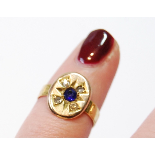 78 - 15ct gold ring with diamonds and rubies, c. 1900, and a tiny gold ring with diamond-set disc, sizes ... 