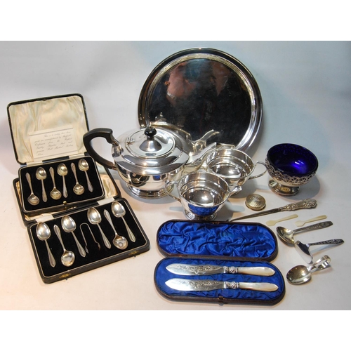 86 - Two sets of six silver coffee spoons, cased, an EP tea set and various items.