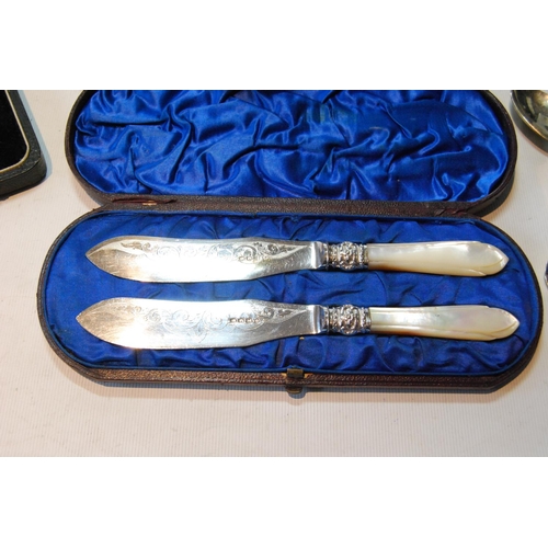 86 - Two sets of six silver coffee spoons, cased, an EP tea set and various items.