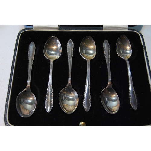 86 - Two sets of six silver coffee spoons, cased, an EP tea set and various items.