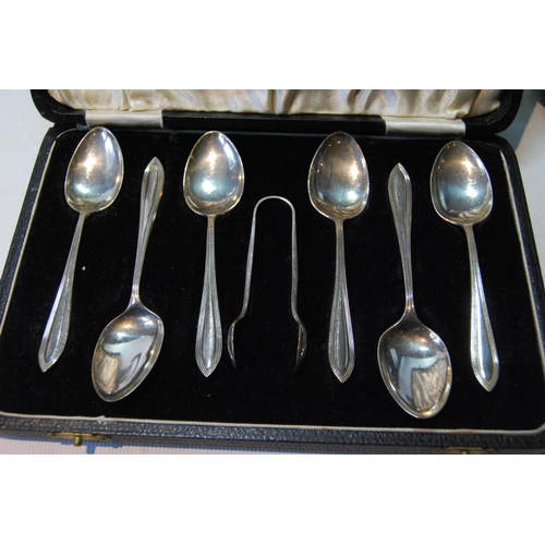 86 - Two sets of six silver coffee spoons, cased, an EP tea set and various items.