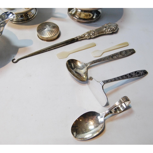 86 - Two sets of six silver coffee spoons, cased, an EP tea set and various items.