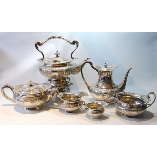 89 - Silver tea and coffee service of Regency cape pattern, compressed, with chased band and foliate gadr... 