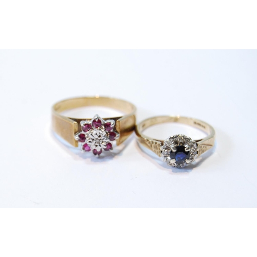 92 - Diamond and sapphire small cluster ring and a similar ring with rubies, on broad flat shank, both 9c... 