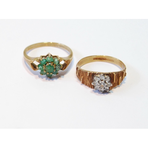 95 - Emerald cluster ring and another, both 9ct gold, both size P.  (2)