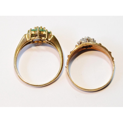 95 - Emerald cluster ring and another, both 9ct gold, both size P.  (2)