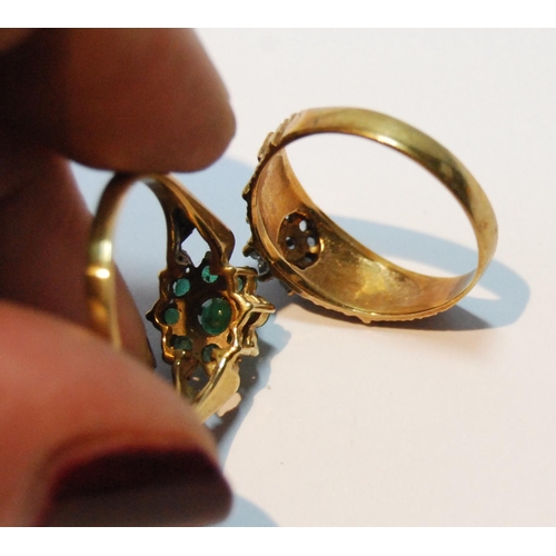 95 - Emerald cluster ring and another, both 9ct gold, both size P.  (2)