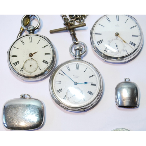 98 - Silver curb watch guard, 1906, a small compact, a cowbell pendant, a fruit knife, a crown and three ... 