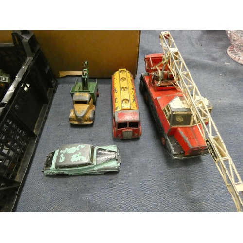 175 - Box of play worn Dinky and Corgi die cast cars, lorries and military vehicles.