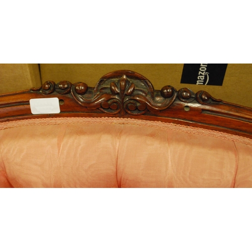 390 - Late Victorian rosewood and walnut button-back parlour sofa upholstered in later pink fabric, scroll... 