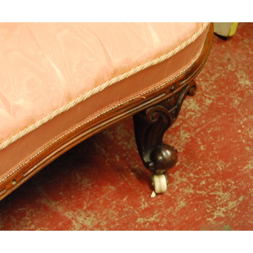 390 - Late Victorian rosewood and walnut button-back parlour sofa upholstered in later pink fabric, scroll... 