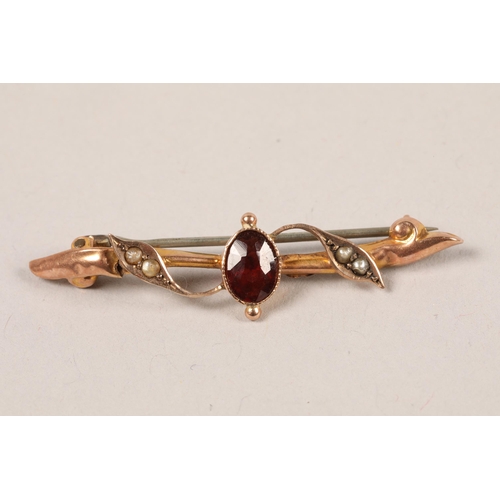 100 - 9 carat yellow gold garnet and seed pearl bar brooch; 4.5cm long; gross weight 1.5g