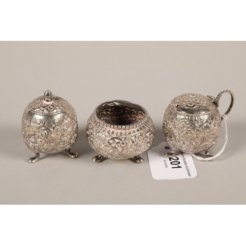 201 - Indian Silver three piece cruet set; gross weight 126g