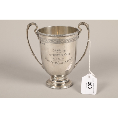 203 - George V hallmarked silver twin handled silver presentation cup; Sheffield 1930;  gross weight 334g