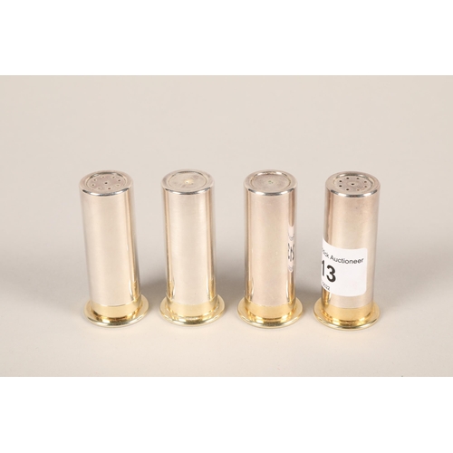 213 - Four silver plated novelty pepperettes in the form of 12 gauge cartridges; 6cm high