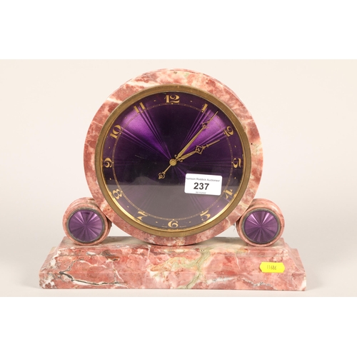 237 - Art Deco pink marble and enamel 8 day mantle clock; 23cm high