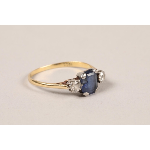 92 - Ladies 18ct gold sapphire and diamond ring; ring size O; gross weight 2.2g