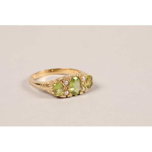 93 - Ladies 9ct gold peridot and seed pearl ring; ring size P; gross weight 3.4g