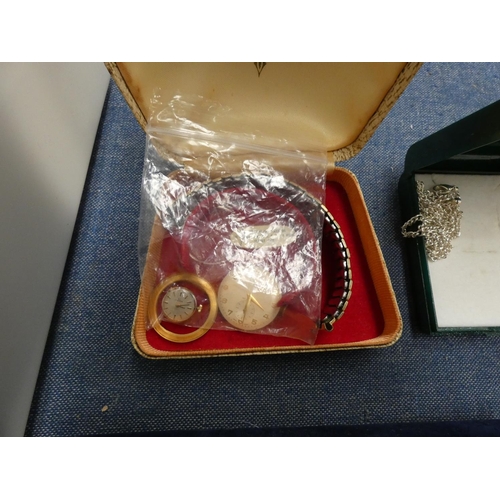 213 - Box of costume jewellery including Omega watch workings, necklaces, etc.