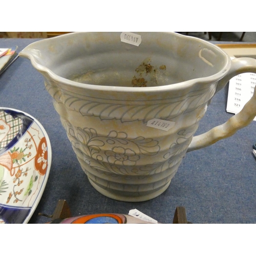 241 - Charlotte Rhead style Crown Ducal jug and Art Glass barrel.