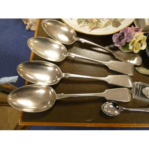 297 - Box of miscellaneous including cutlery, epns, plates, cheese dish, clock, serving spoons, tea pot, t... 