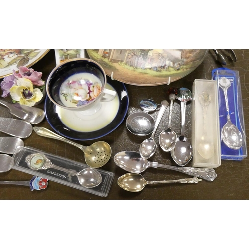 297 - Box of miscellaneous including cutlery, epns, plates, cheese dish, clock, serving spoons, tea pot, t... 