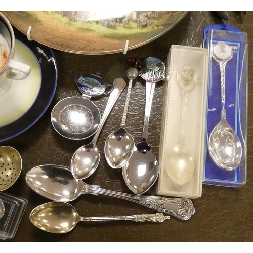 297 - Box of miscellaneous including cutlery, epns, plates, cheese dish, clock, serving spoons, tea pot, t... 