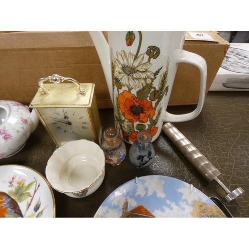 297 - Box of miscellaneous including cutlery, epns, plates, cheese dish, clock, serving spoons, tea pot, t... 