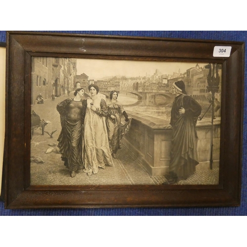 304 - Four miscellaneous prints, one in oak frame, Venetian scene, Pied Piper, etc.