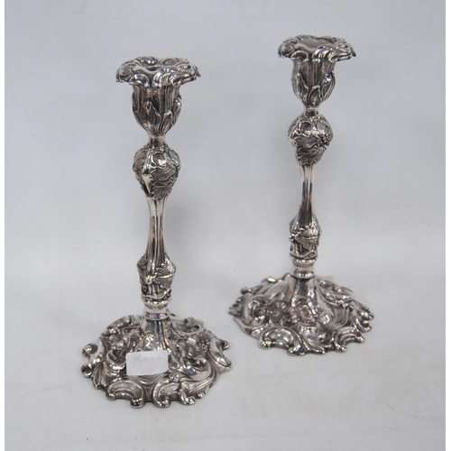 156 - Pair of silver candlesticks, hallmarks for Birmingham 1907-08, maker's mark J&C, each with embos... 