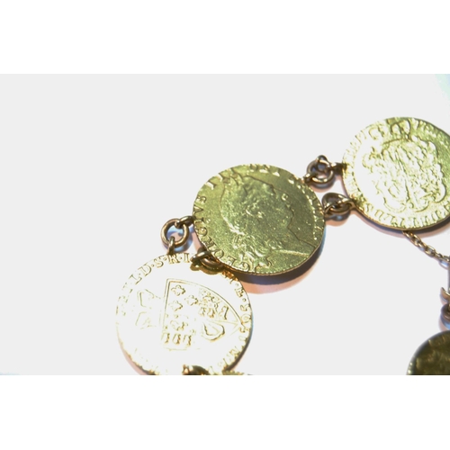 159 - George III gold half guinea coin bracelet comprising six half guineas with dates for 1791, 1793, 179... 