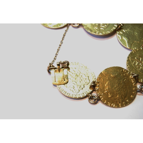 159 - George III gold half guinea coin bracelet comprising six half guineas with dates for 1791, 1793, 179... 