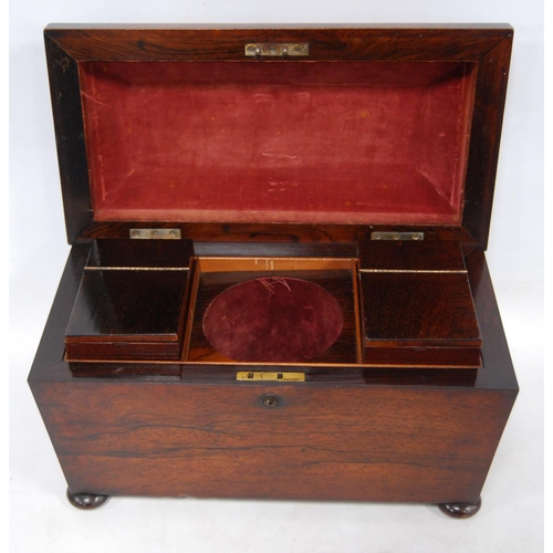 201 - 19th century rosewood sarcophagus tea caddy of large form enclosing twin compartments, lacking the m... 