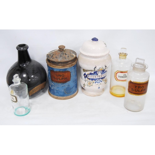 211 - Group of antique chemist jars and bottles to include three glass bottles and stoppers with labels fo... 