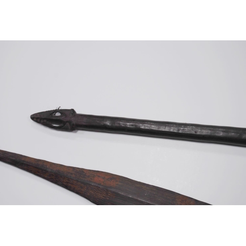 217 - Antique carved canoe paddle, probably Fijian, with incised markings to the paddle, pierced grip, 138... 