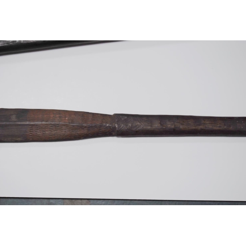 217 - Antique carved canoe paddle, probably Fijian, with incised markings to the paddle, pierced grip, 138... 