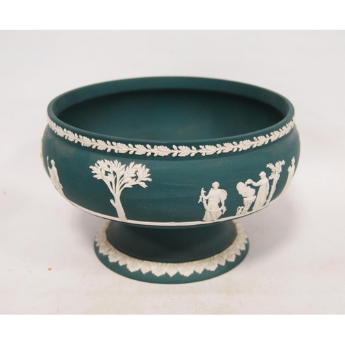 236 - Four pieces of Wedgwood sea green Jasper ware to include a bowl, oval dish and a pair of spill vases... 