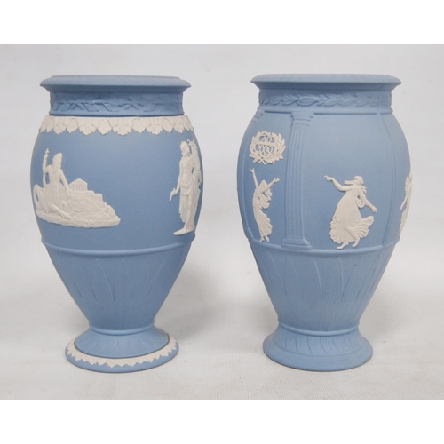 239 - Three Wedgwood blue Jasper ware vases, all decorated with classical figures, 20cm high.  (3)