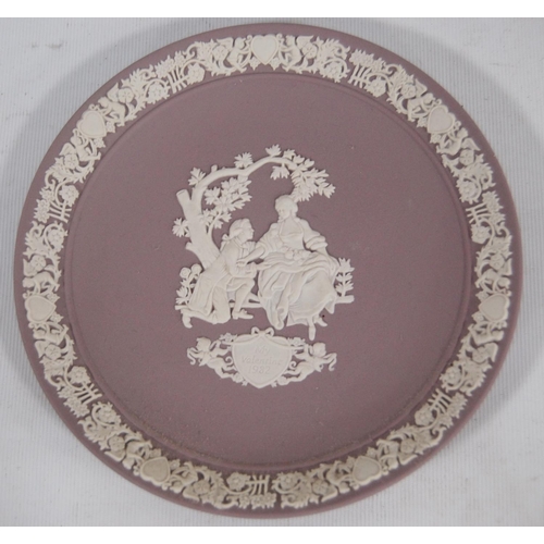 241 - Group of Wedgwood lilac Jasper ware comprising four assorted plates, three pin dishes and two trinke... 