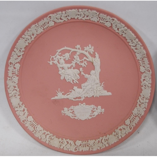 242 - Group of Wedgwood Jasper ware, mainly small plates and trinket boxes, to include pink, lemon, green,... 