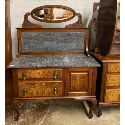 453 - Edwardian walnut three piece bedroom suite comprising marble topped washstand, two over two drawer d... 