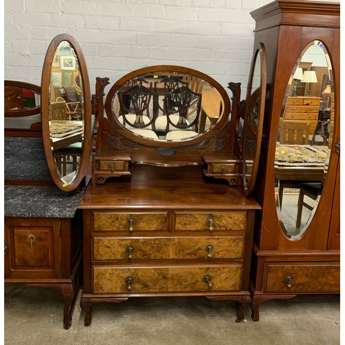 453 - Edwardian walnut three piece bedroom suite comprising marble topped washstand, two over two drawer d... 