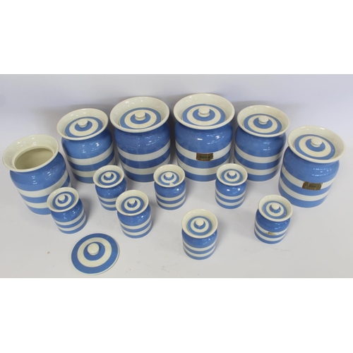 267 - Collection of thirteen T. G. Green plain blue and white Cornish kitchenware storage jars; two x 17.5... 