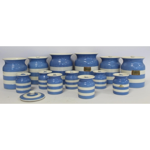 267 - Collection of thirteen T. G. Green plain blue and white Cornish kitchenware storage jars; two x 17.5... 