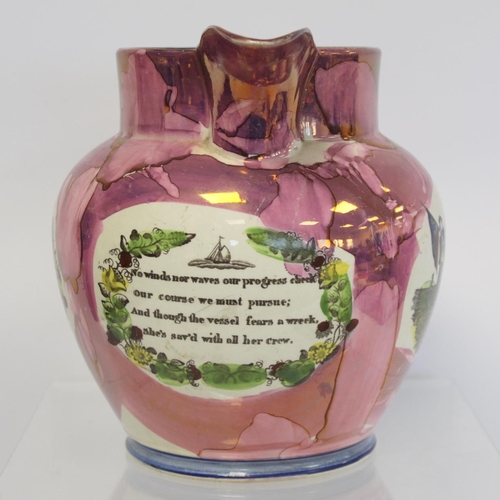 269 - Large 19th century Sunderland pink lustre jug with polychrome transfer panels of the fortune hunter ... 