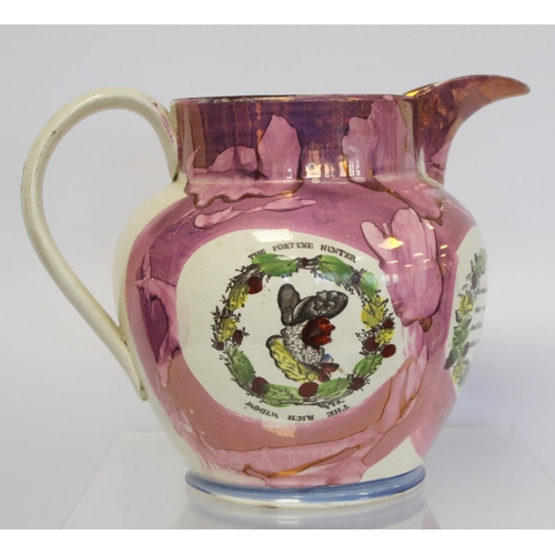 269 - Large 19th century Sunderland pink lustre jug with polychrome transfer panels of the fortune hunter ... 